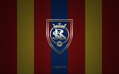 Real Salt Lake logo, American soccer club, metal emblem, red-blue metal mesh background, Real Salt Lake, MLS, Salt Lake City, Utah, USA, soccer
