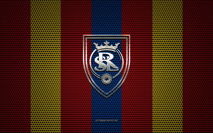 Real Salt Lake, logo, American soccer club, metallo emblema, rosso-blu, di maglia di metallo sfondo, MLS, Salt Lake City, Utah, USA, calcio