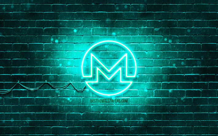 Monero turquoise logo, 4k, turquoise brickwall, Monero logo, cryptocurrency, Peercoin n&#233;on logo, cryptocurrency signes, Monero