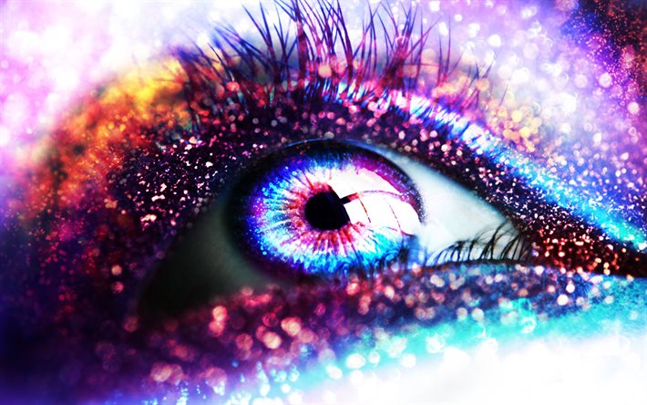 abstract female eye, colorful sparkles, glitter art, eyes, human eye, creative, abstract art