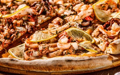 Pizza with shrimp, seafood pizza, seafood, shrimp, fast food, pizza