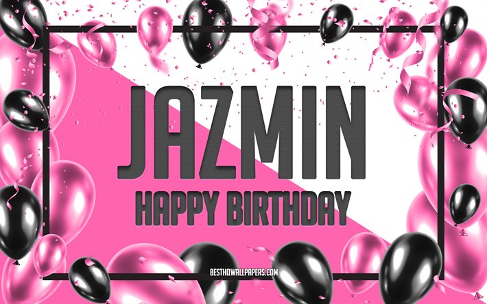 お誕生日おめでJazmin, お誕生日の風船の背景, Jazmin, 壁紙名, Jazminお誕生日おめで, ピンク色の風船をお誕生の背景, ご挨拶カード, Jazmin誕生日