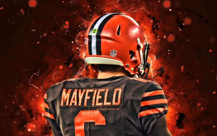 Baker Mayfield, vista posterior, o quarterback, Cleveland Browns, futebol americano, NFL, Baker Reagan Mayfield, A Liga Nacional De Futebol, luzes de neon, Baker Mayfield Cleveland Browns