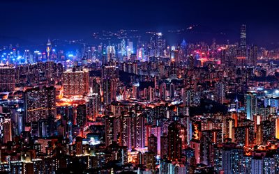 Gece, Asya&#39;da 4k, Hong Kong, ufuk &#231;izgisi, nightscapes, g&#246;kdelenler, modern binalar, şehirler, Asya, &#199;in