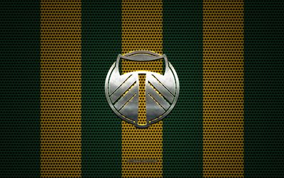 Portland Timbers logotyp, Amerikansk fotboll club, metall emblem, gul-gr&#246;n metalln&#228;t bakgrund, Portland Timbers, MLS, Portland, Oregon, USA, fotboll