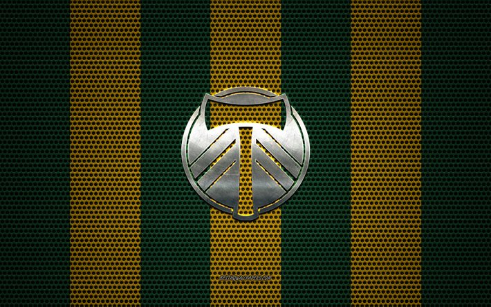 Portland Timbers logo, American soccer club, metal emblem, yellow-green metal mesh background, Portland Timbers, MLS, Portland, Oregon, USA, soccer