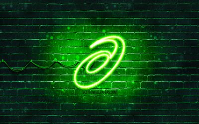 ASICS logo verde, 4k, verde, brickwall, ASICS logo, brand sportivi, ASICS neon logo ASICS