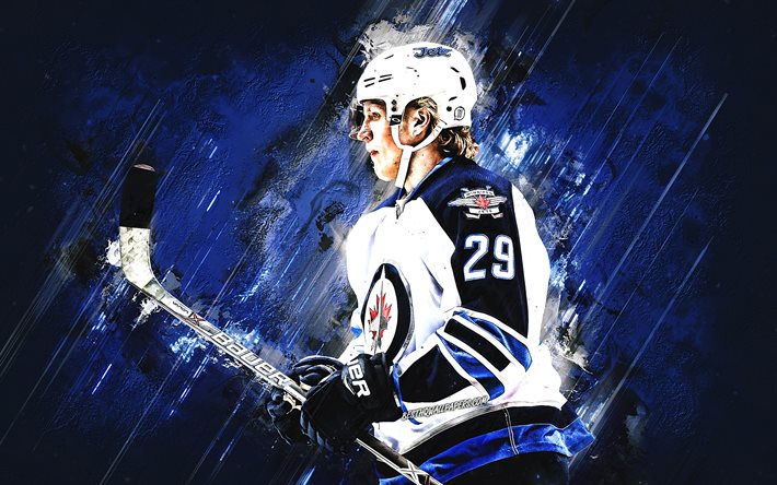Patrik Laine, Winnipeg Jets, NHL, finlandés jugador de hockey, retrato, la piedra azul de fondo, hockey, Liga Nacional de Hockey