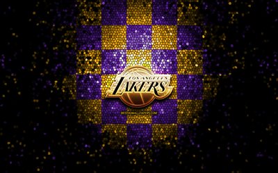 Los Angeles Lakers, glitter logo, NBA, violet yellow checkered background, USA, canadian basketball team, Los Angeles Lakers logo, mosaic art, basketball, America, LA Lakers
