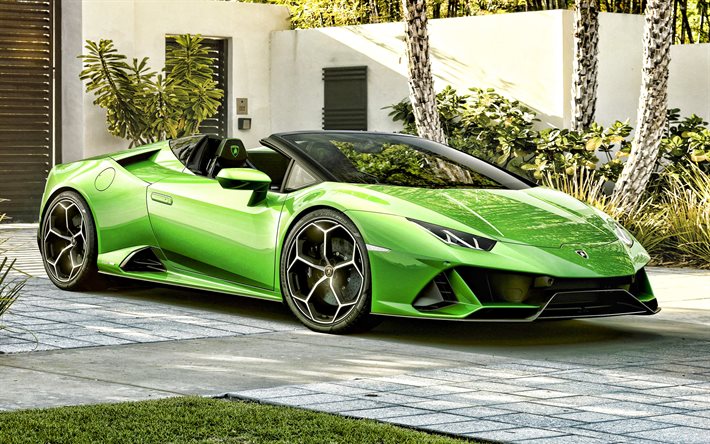 2021, Lamborghini Huracan EVO, n&#228;kym&#228; edest&#228;, ulkoa, vihre&#228; roadster, uusi vihre&#228; Huracan, superautot, Lamborghini
