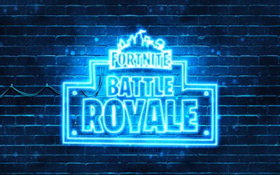 Fortnite Battle Royale blue logo, 4k, blue brickwall, Fortnite Battle Royale logo, online games, Fortnite Battle Royale neon logo, Fortnite Battle Royale