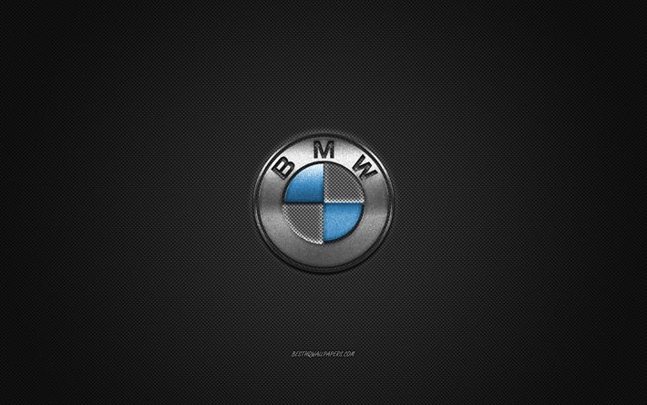 BMW logo, فضة الشعار, الرمادي ألياف الكربون الخلفية, BMW شعار معدني, BMW, السيارات العلامات التجارية, الفنون الإبداعية