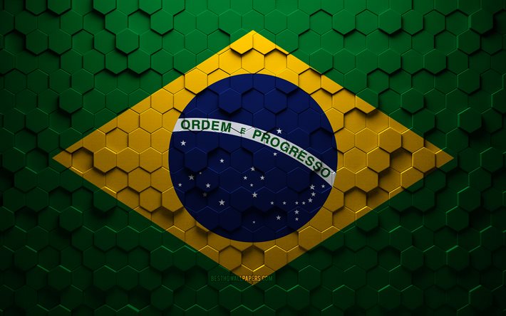 Flag of Brazil, honeycomb art, Brazil hexagons flag, Brazil, 3d hexagons art, Brazil flag