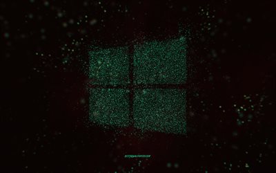 windows-glitter-logo, schwarzer hintergrund, windows logo, t&#252;rkis-glitzer-kunst, fenster, kreative kunst -, windows-t&#252;rkis-glitter-logo, windows 10-logo