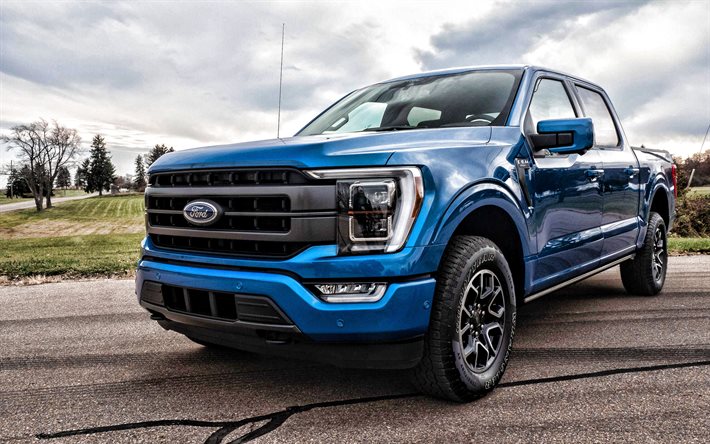 2021, Ford F-150, front view, exterior, blue pickup truck, new blue F-150, american cars, Ford