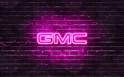 Logo violet GMC, 4k, brickwall violet, logo GMC, marques de voitures, logo n&#233;on GMC, GMC