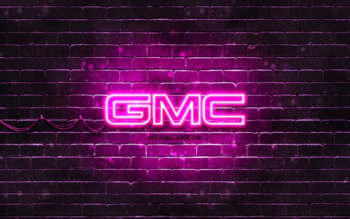 GMC purple logo, 4k, purple brickwall, GMC logo, cars brands, GMC neon logo, GMC
