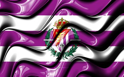 Drapeau du Real Valladolid, 4k, vagues 3D violettes et blanches, LaLiga, club de football espagnol, Real Valladolid FC, football, logo Real Valladolid, La Liga, Real Valladolid CF
