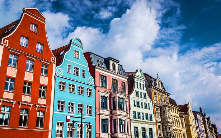 Rostock, 4k, maisons color&#233;es, paysages urbains, &#233;t&#233;, villes allemandes, Europe, Allemagne, villes d&#39;Allemagne, Rostock Allemagne, HDR