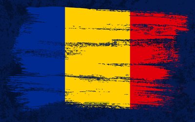 4k, Bandiera della Romania, Bandiere del grunge, Paesi europei, Simboli nazionali, Pennellata, Bandiera rumena, Arte grunge, Europa, Romania