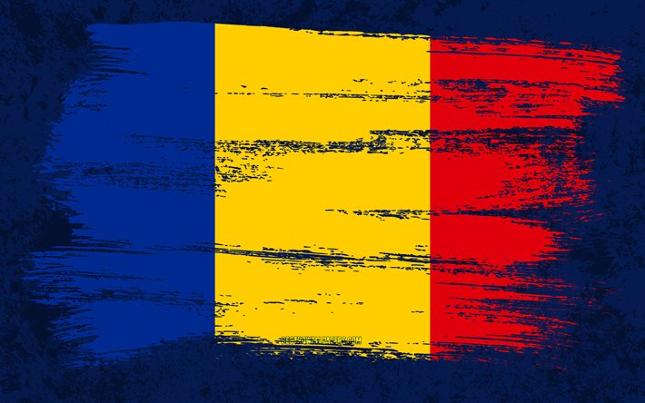 4k, Flag of Romania, grunge flags, European countries, national symbols, brush stroke, Romanian flag, grunge art, Romania flag, Europe, Romania