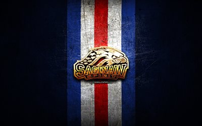 Saginaw Spirit, kultainen logo, OHL, sininen metallitausta, kanadalainen j&#228;&#228;kiekkojoukkue, Saginaw Spirit -logo, j&#228;&#228;kiekko, Kanada