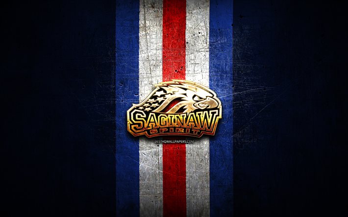 saginaw spirit, goldenes logo, ohl, blauer metallhintergrund, kanadische eishockeymannschaft, saginaw spirit-logo, hockey, kanada