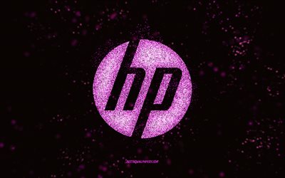 Logotipo com glitter da HP, fundo preto, logotipo da HP, arte com glitter rosa, HP, arte criativa, logotipo com glitter rosa da HP, logotipo da Hewlett-Packard