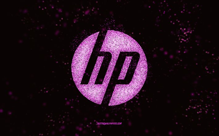 HP glitter logo, black background, HP logo, pink glitter art, HP, creative art, HP pink glitter logo, Hewlett-Packard logo