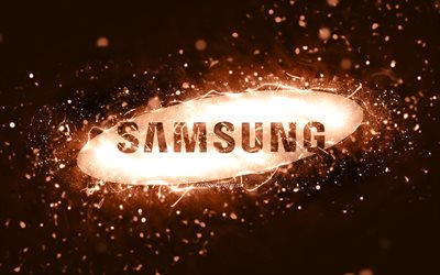 Samsung brown logo, 4k, brown neon lights, creative, brown abstract background, Samsung logo, brands, Samsung