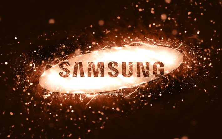 サムスンブラウンのロゴ, 4k, 茶色のネオンライト, creative クリエイティブ, 茶色の抽象的な背景, サムスンのロゴ, ブランド, Samsung（サムスン）