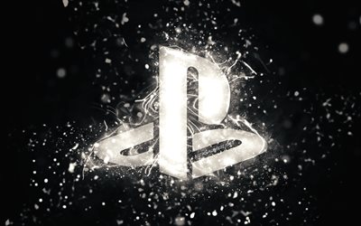 Logo PlayStation bianco, 4k, luci al neon bianche, creativo, sfondo astratto nero, logo PlayStation, PlayStation