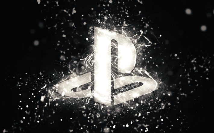 Logo blanc PlayStation, 4k, n&#233;ons blancs, cr&#233;atif, fond abstrait noir, logo PlayStation, PlayStation