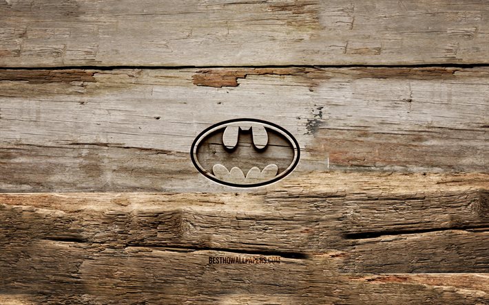 Batman-puulogo, 4K, puiset taustat, supersankarit, Batman-logo, luova, puuveistos, Batman