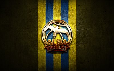 Alba Berlin, golden logo, BBL, yellow metal background, german basketball club, Basketball Bundesliga, Alba Berlin logo, basketball
