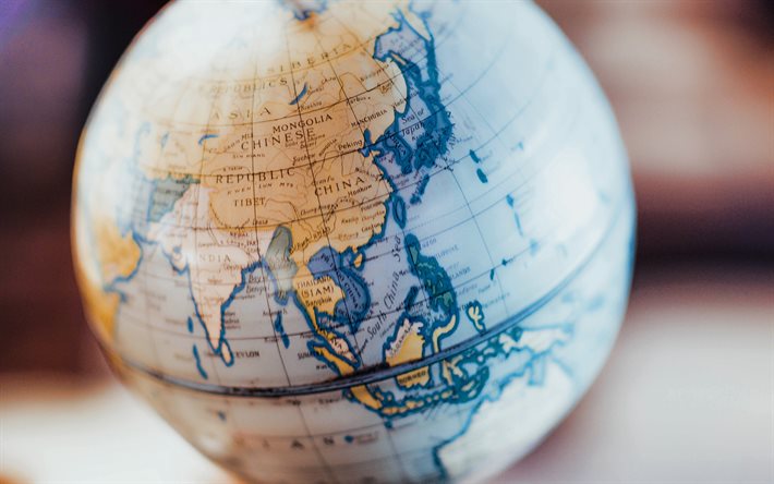 Globe, map of Asia, map of China on the globe, map of Japan on the globe, travel to Asia, map of the world