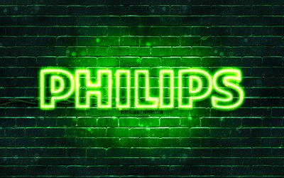 Logo verde Philips, 4k, muro di mattoni verde, logo Philips, marchi, logo al neon Philips, Philips