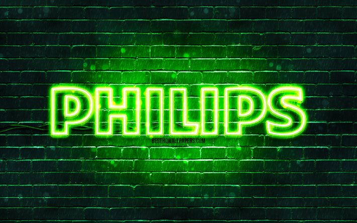 Philips yeşil logo, 4k, yeşil tuğla duvar, Philips logosu, markalar, Philips neon logosu, Philips