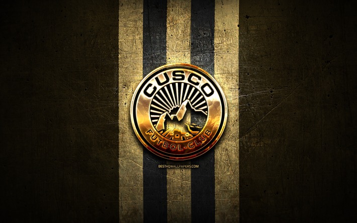 クスコfc, 金色のロゴ, リーガ1アペルトゥーラ, 茶色の金属の背景, フットボール, ペルーのサッカークラブ, クスコfcのロゴ, サッカー, fcクスコ