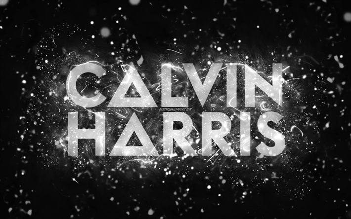 calvin harris vit logotyp, 4k, skotska dj s, vita neonljus, kreativ, svart abstrakt bakgrund, adam richard wiles, calvin harris logotyp, musikstj&#228;rnor, calvin harris