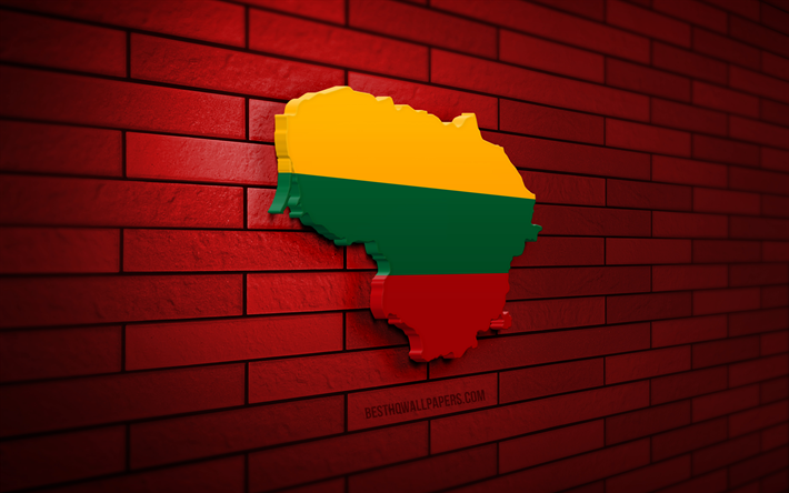 リトアニアの地図, 4k, 赤レンガの壁, ヨーロッパ諸国, リトアニアの地図のシルエット, リトアニアの旗, ヨーロッパ, リトアニア, リトアニアの3dマップ