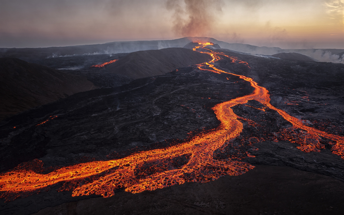 volcano, hot lava, volcanic eruption, lava, evening, fiery river