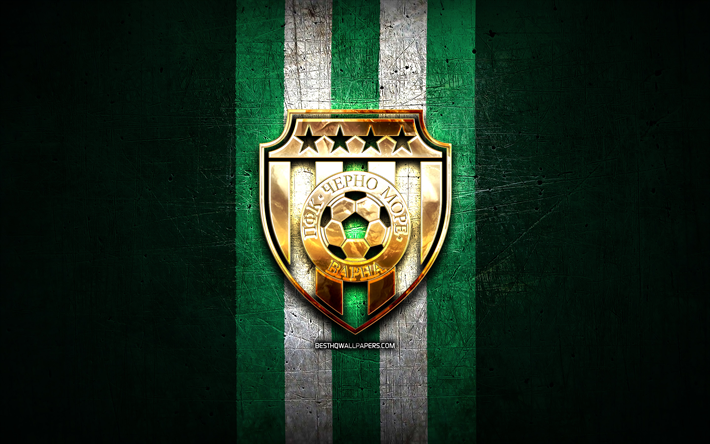 Cherno More Varna FC, golden logo, Parva liga, green metal background, football, bulgarian football club, Cherno More Varna logo, soccer, PFK Cherno More Varna