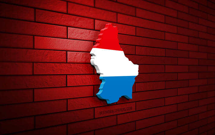 mappa del lussemburgo, 4k, muro di mattoni rossi, paesi europei, sagoma della mappa del lussemburgo, bandiera del lussemburgo, europa, lussemburgo, mappa 3d del lussemburgo