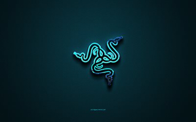 Razer blue logo, creative blue art, Razer emblem, dark blue background, Razer, logo, brands, Razer logo