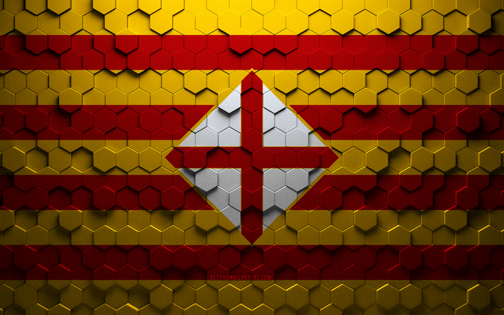 Flag of Barcelona, honeycomb art, Barcelona hexagons flag, Barcelona 3d hexagons art, Barcelona flag