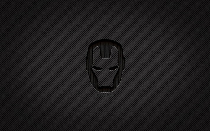 iron man karbon logosu, 4k, grunge sanat, karbon arka plan, yaratıcı, iron man siyah logo, ironman, s&#252;per kahramanlar, iron man logo, iron man