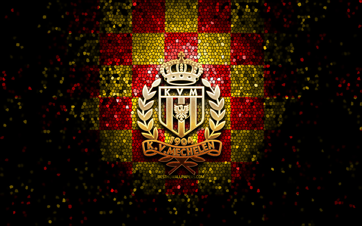 KV Mechelen, glitter logo, Jupiler Pro League, red yellow checkered background, soccer, belgian football club, KV Mechelen logo, mosaic art, football, Mechelen FC