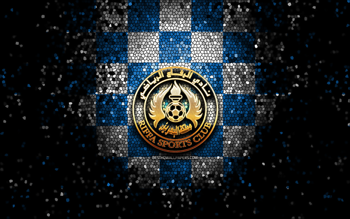 al-riffa sc, glitter logotipo, bahraini premier league, azul branco de fundo quadriculado, futebol, bahrein futebol clube, al-riffa logotipo, arte em mosaico, riffa sc, al-riffa fc