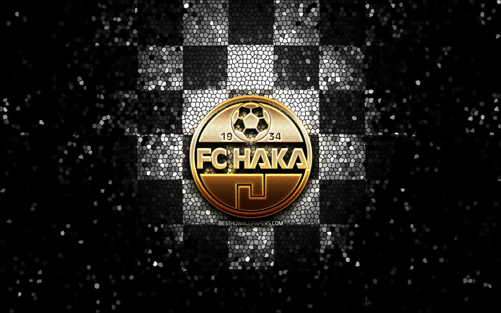 haka fc, logotipo de brillo, veikkausliiga, fondo a cuadros negro blanco, f&#250;tbol, ​​club de f&#250;tbol finland&#233;s, logotipo de fc haka, arte de mosaico, ​​fc haka